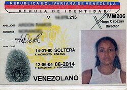 Current ID card issued by the government of Venezuela