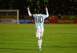 After blessing himself, Lionel Messi often celebrates a goal by pointing a finger on each hand towards the sky in dedication to his late grandmother.[10] Players often point towards the skies to thank God, or recognise someone who has died.[11]