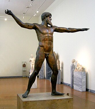 Artemision Bronze, bronze statue probably of Poseidon, Severe style 480-440 BC. The statue was possibly a thank offering to the god after the battle of Artemision (480 BC).[54]National Archaeological Museum Athens.