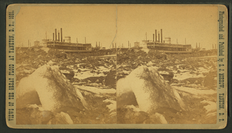 Stereoscopic view card showing "Blasting ice with dynamite from in front of steamer on the ways, by Stanley J. Morrow" ~ A view of Yankton's riverfront after the flood of March 1881.
