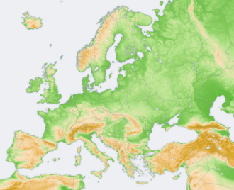 Topographical map of Europe: the Nazi Party declared support for Drang nach Osten (expansion of Germany east to the Ural Mountains), that is shown on the upper right side of the map as a brown diagonal line.