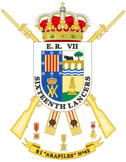 Armorial achievement of the Spanish Army 62nd Regiment of Infantry "Arapiles". King Edward's cypher and the name of the British Army unit that played a prominent role in the Battle of Salamanca were added at the beginning of the Peninsular War Centenary (1908).[165]