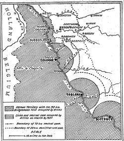 Map showing the areas under the Rhineland occupation and the bottleneck created between Coblenz and Mayence