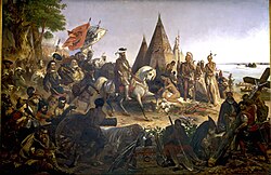 Discovery of the Mississippi by De Soto A.D. 1541 by William Henry Powell depicts Hernando de Soto and Spanish Conquistadores seeing the Mississippi River for the first time.