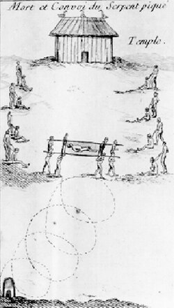 The funeral procession of Tattooed Serpent in 1725, with retainers waiting to be sacrificed from a drawing by Antoine-Simon Le Page du Pratz