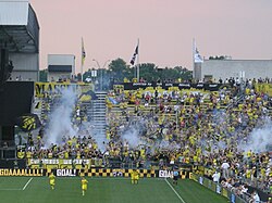The Nordecke celebrating after Columbus scored a goal against the Chicago Fire in 2013 at Crew Stadium, now Historic Crew Stadium