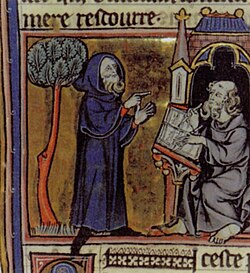 Early Welsh stories about Merlin often feature apple trees. (Merlin dictating his prophecies to his scribe, 13th century minature from Robert de Boron's "Merlin en prose")