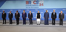 Iranian President Masoud Pezeshkian (second from the right) poses for a group photo with other heads of state during the 16th BRICS summit in Kazan, Russia, on 23 October 2024