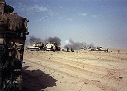 M109 howitzers belonging to 4th Battalion of the 3rd Field Artillery Regiment, 2nd Armored Division (FWD) conducts artillery strikes on Iraqi positions during the Gulf War. 4-3 FA was the primary fire support battalion for Task Force 1–41 during the Gulf War, February 1991.