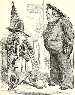 A December 1861 cartoon in Punch magazine in London ridicules American aggressiveness in the Trent Affair. John Bull, at right, warns Uncle Sam, "You do what's right, my son, or I'll blow you out of the water."