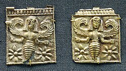 Gold plaques embossed with winged bee goddesses. Camiros, Rhodes. 7th century BC.