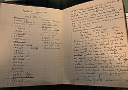 The minute book of Cambridge ∇2V Club for the meeting where Eddington presented his observations of the curvature of light around the Sun, confirming Einstein's theory of general relativity. They include the line "A general discussion followed. The President remarked that the 83rd meeting was historic".