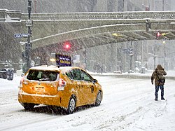 New York City during a 2016 blizzard, which produced strong winds and record-breaking snowfall.