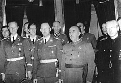 Front row in order from left to right: Karl Wolff, Heinrich Himmler, Francisco Franco and Spain's Foreign Minister Ramón Serrano Suñer in Madrid, October 1940
