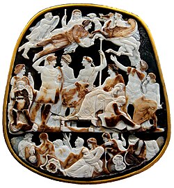 Sardonyx cameo depicting Augustus as a god flying above Emperor Tiberius and his family