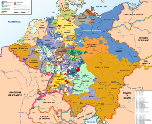 Map of the Austrian Habsburg monarchy-led Holy Roman Empire (HRE) in 1789. The two biggest lands of the HRE were the German-speaking part of Austria (orange) and the German-speaking part of Prussia (blue), besides a large number of small states (many of them too small to be shown on the map).