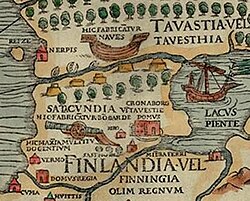 Carta marina showing Finnish economy, with the captions Hic fabricantur naves and Hic fabricantur bombarde abbreviated. This tilde had the shape of a macron.
