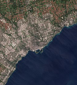 Satellite image of Toronto and the surrounding suburbs in 2018