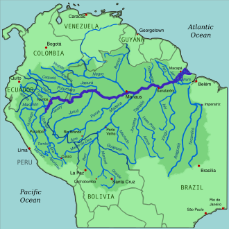 South America's Amazon River (dark blue) and the rivers which flow into it (medium blue). The darker green marks the Amazon's drainage basin or watershed
