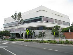 The West Hollywood Library viewed from across the street in front of the Pacific Design Center.