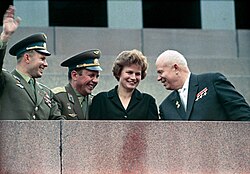 From left to right: Yuri Gagarin, Pavel Popovich, Valentina Tereshkova and Nikita Khrushchev at Lenin's Mausoleum in 1963