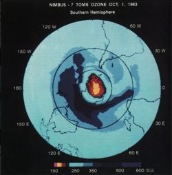 TOMS satellite map showing the total ozone above the Antarctic region. Taken on 1 October 1983 (NASA).