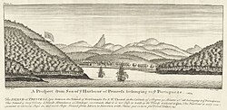 Entrance to the harbour of Principe, from a 1727 engraving: the accompanying text mistranslates the island's name as 'Princess' and refers to it as being, very Woody and breeds abundance of Monkeys, insomuch that it is not safe to walk in the Woods without a gun. The harbour is very convenient to Careen Ships in, and most Ships Bound from Africa to America with Slaves put in here for Food, Water etc."