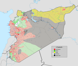 Opposition control (in green and white; Rojava control in yellow; Islamic State control in grey; Assad regime control in pink) in April 2016.