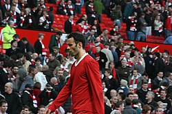 Seen here after the Munich air disaster 50th anniversary match against Manchester City in February 2008, Giggs has made more appearances in the Manchester derby than any other player.
