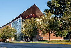 Neil Armstrong Hall of Engineering with a statue of Neil Armstrong at the entrance