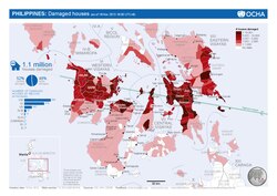 Map of damaged houses by municipality showing track of storm, from the United Nations, as of November 18, 2013