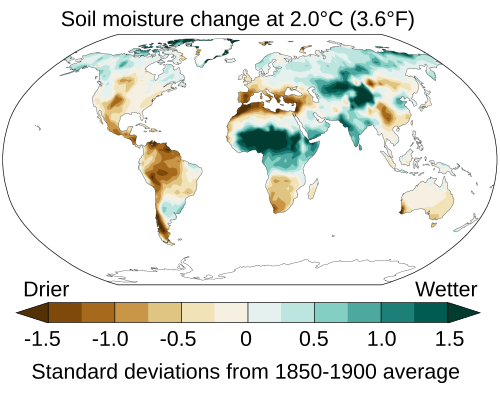 The sixth IPCC Assessment Report projects changes in average soil moisture at 2.0 °C of warming, as measured in standard deviations from the 1850 to 1900 baseline.
