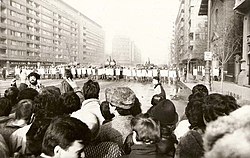 Tanks and Miliția on the Magheru Boulevard in Bucharest during the revolution