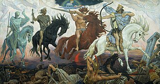 Four Horsemen of the Apocalypse, an 1887 painting by Russian artist Viktor Vasnetsov. Depicted from left to right are Death, Famine, War, and Conquest.