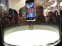 The original iPhone on display under glass at the January 2007 Macworld show