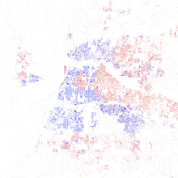 Map of racial distribution in Memphis, 2010 U.S. Census. Each dot is 25 people: ⬤ White ⬤ Black ⬤ Asian ⬤ Hispanic ⬤ Other
