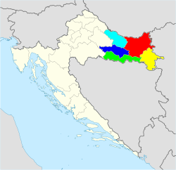 Five counties of Slavonia: Brod-Posavina County Osijek-Baranja County Požega-Slavonia County Virovitica-Podravina County Vukovar-Syrmia County
