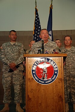 Maj. Gen. Bennett C. Landreneau (center), adjutant general of the Louisiana Army National Guard, speaks to reporters about the Guard's preparation for Gustav in Louisiana on August 28.
