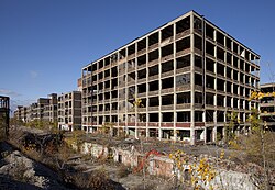 Rust Belt ruins of former factory, Detroit, Michigan