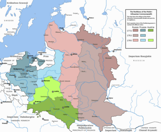 The partitions of Poland, carried out by the Kingdom of Prussia (blue), the Russian Empire (brown), and the Austrian Habsburg Monarchy (green) in 1772, 1793 and 1795
