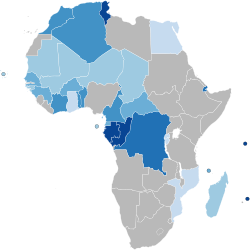 French speakers in Africa in 2014: 0–10% Francophone 11–20% Francophone 21–30% Francophone 31–40% Francophone 41–50% Francophone >50% Francophone