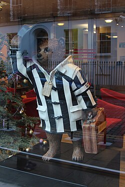 Shearer's Newcastle United-themed Paddington Bear statue on display at the Childline offices in London. It was auctioned for the National Society for the Prevention of Cruelty to Children (NSPCC)