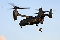 CV-22B on training exercise of the Special Tactics Squadron on a hoist, in the UK in 2021