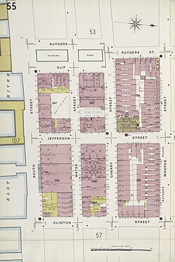 Buildings map from 1905 show the location of Beth Israel Hospital at the corner of Jefferson and Cherry Streets (brown coloring, center right) on the Lower East Side