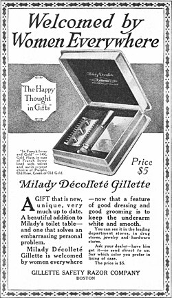 1915–16 advert for the Milady Décolleté Gillette, first safety razor marketed exclusively for women