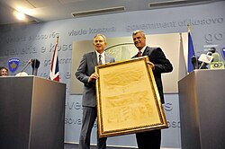 Former rebel leader Hashim Thaçi and Blair with the Declaration of Independence of Kosovo in 2010