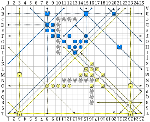 Example (1), providing one starting placement for both players' pieces; note how the repeaters have created additional lines of communication to bring all the pieces under control.