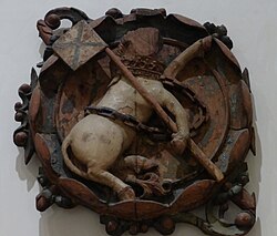 Linlithgow Palace ceiling boss with conjoined flag design, c. 1617