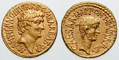 Ancient Roman coin depicting Antony on the obverse and Octavian on the reverse