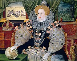 Portrait of Elizabeth I made to commemorate the defeat of the Spanish Armada (1588), depicted in the background. Elizabeth's international power is symbolised by the hand resting on the globe.